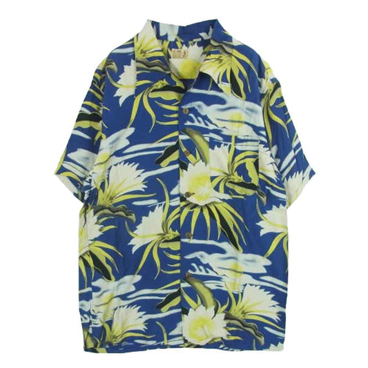 SUN SURF サンサーフ EAST WIND 半袖 アロハ オープンカラー シャツ レーヨン ネイビー系 イエロー系 M 15 - 15.5【中古】
