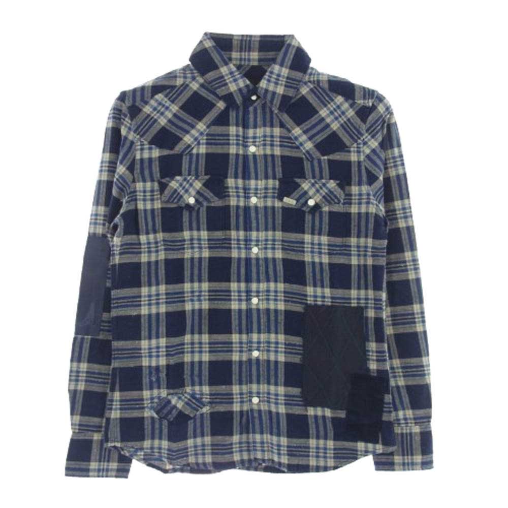 AKM エイケイエム S094 PATCHWORK CHECK WESTERN パッチワーク チェック ウエスタン シャツ ネイビー系 M【中古】