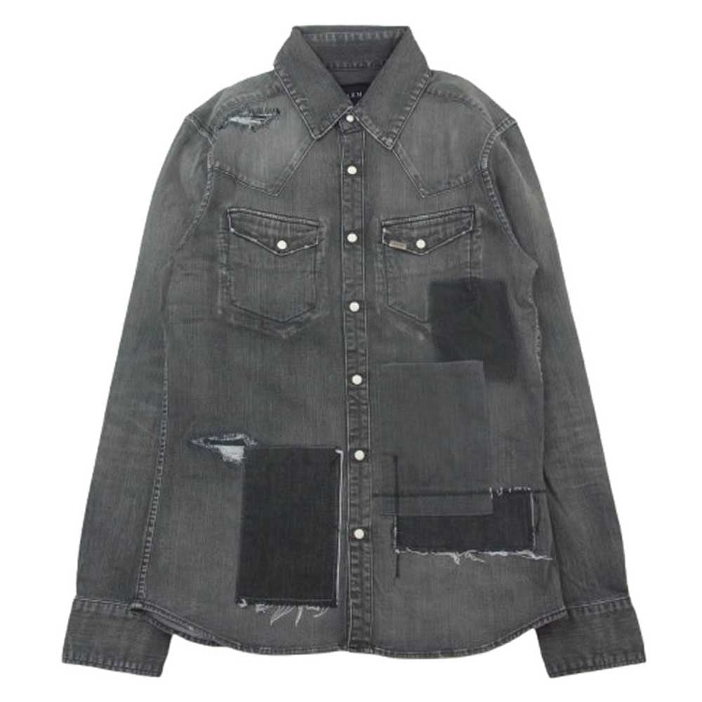 AKM エイケイエム S072 STRETCH DENIM 7oz PATCHWORK WESTERN パッチワーク ストレッチデニム ウエスタン シャツ ブラック系 L【中古】