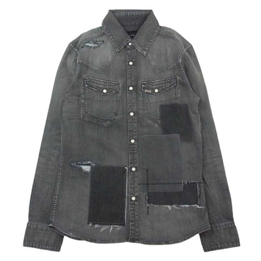 AKM エイケイエム S072 STRETCH DENIM 7oz PATCHWORK WESTERN パッチワーク ストレッチデニム ウエスタン シャツ ブラック系 L【中古】