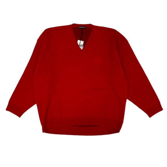 BALENCIAGA バレンシアガ 19AW 594732 T4097 ロゴ刺繍 Vネック ニット レッド系 S【極上美品】【中古】