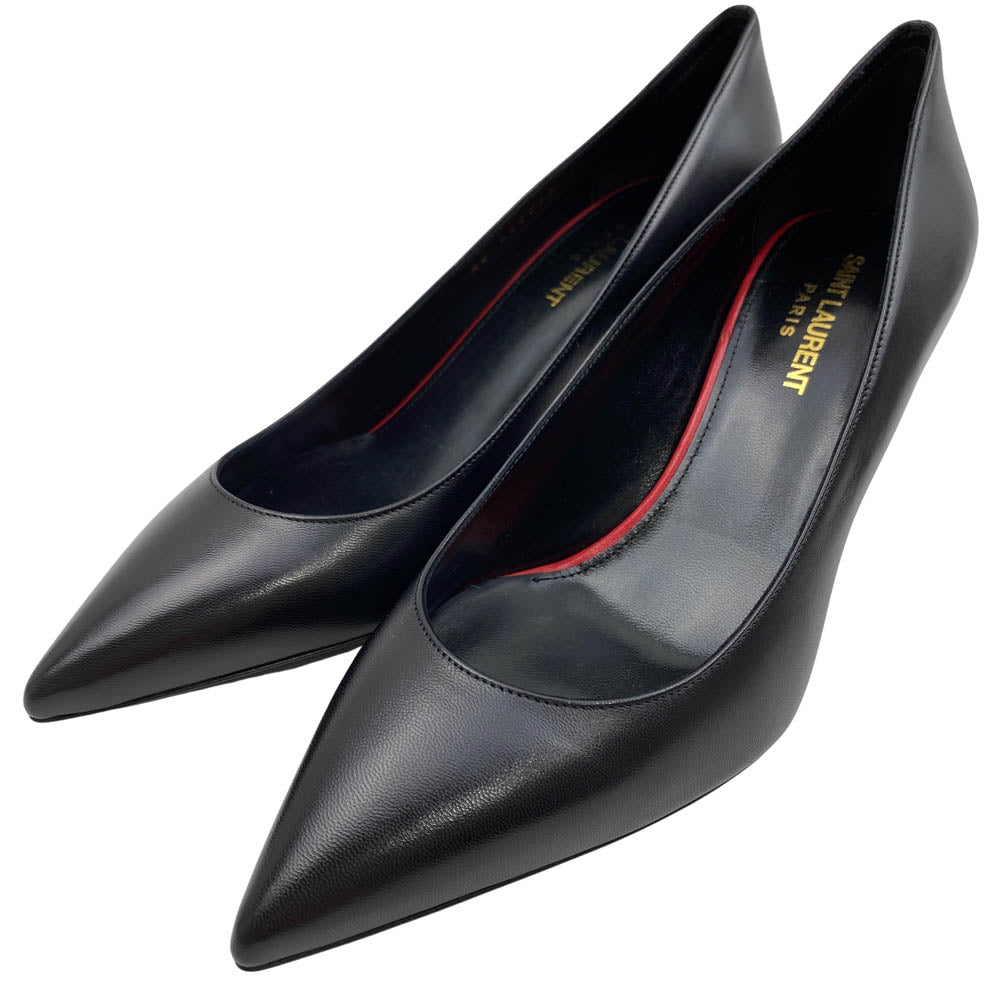 SAINT LAURENT サンローラン 480093 ポインテッドトゥ レザー ヒール パンプス ブラック系 37【美品】【中古】