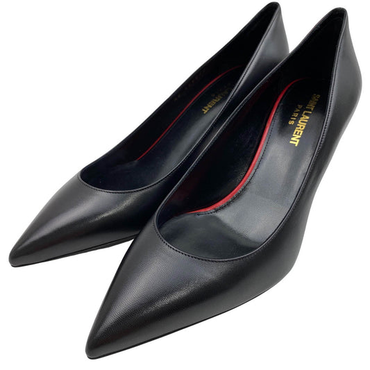 SAINT LAURENT サンローラン 480093 ポインテッドトゥ レザー ヒール パンプス ブラック系 37【美品】【中古】