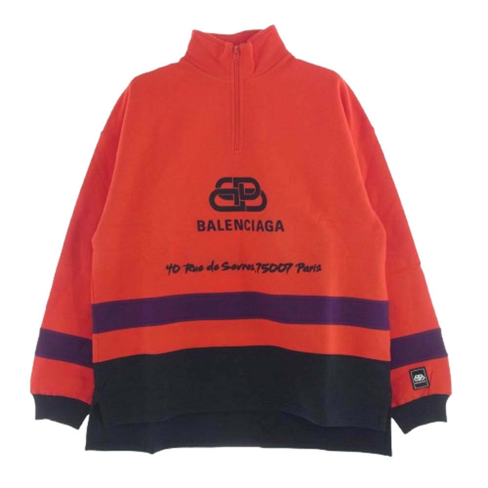 BALENCIAGA バレンシアガ 583138 TFV39 ロゴ刺繍 ボーダー ハーフジップ スウェット レッド系 M【極上美品】【中古】
