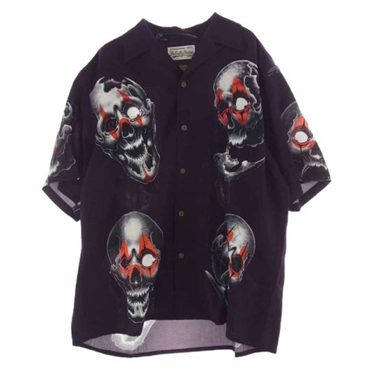WACKO MARIA ワコマリア 22SS 56TS-WM-HI08 56 TATTOO STUDIO S/S HAWAIIAN SHIRT タトゥースタジオ スカル ハワイアンシャツ オープンカラー 半袖 シャツ パープル系 L【中古】