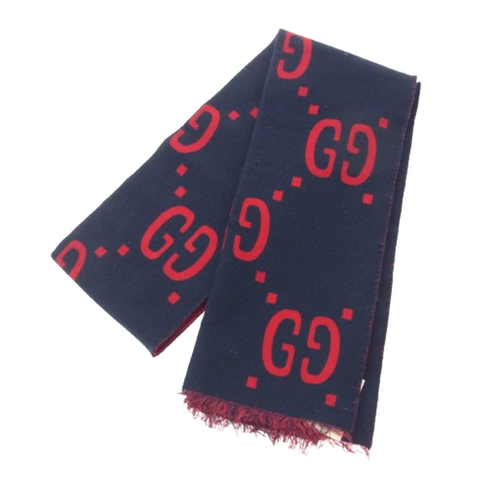 GUCCI グッチ 495592 4G350 GG ジャカード ウール シルク スカーフ マフラー ネイビー系 レッド系 30×190cm【中古】