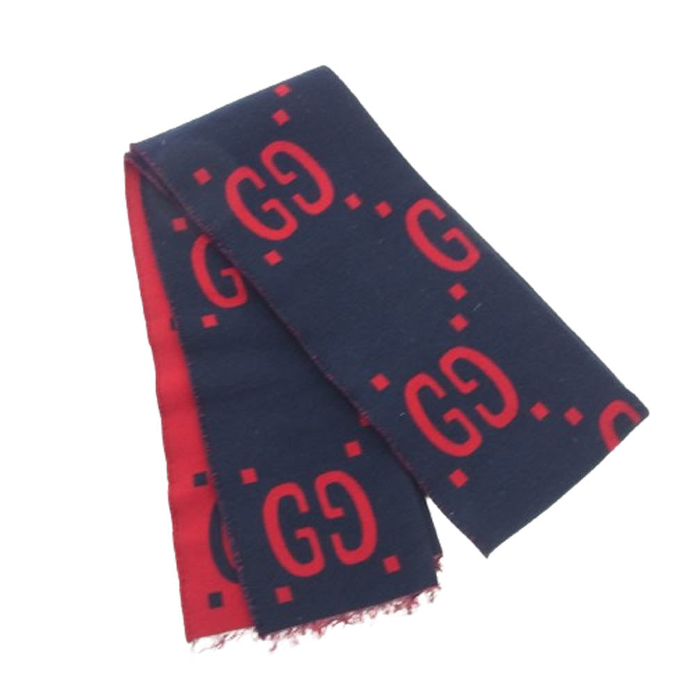 GUCCI グッチ 495592 4G350 GG ジャカード ウール シルク スカーフ マフラー ネイビー系 レッド系 30×190cm【中古】