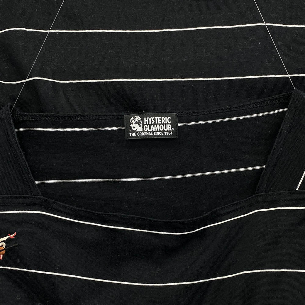 HYSTERIC GLAMOUR ヒステリックグラマー 01172CT21 ガールズ刺繍 ストライプ 半袖 Tシャツ ブラック系 FREE【中古】