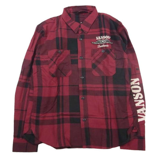 VANSON バンソン ロゴ刺繍 チェック シャツ レッド系 L【中古】
