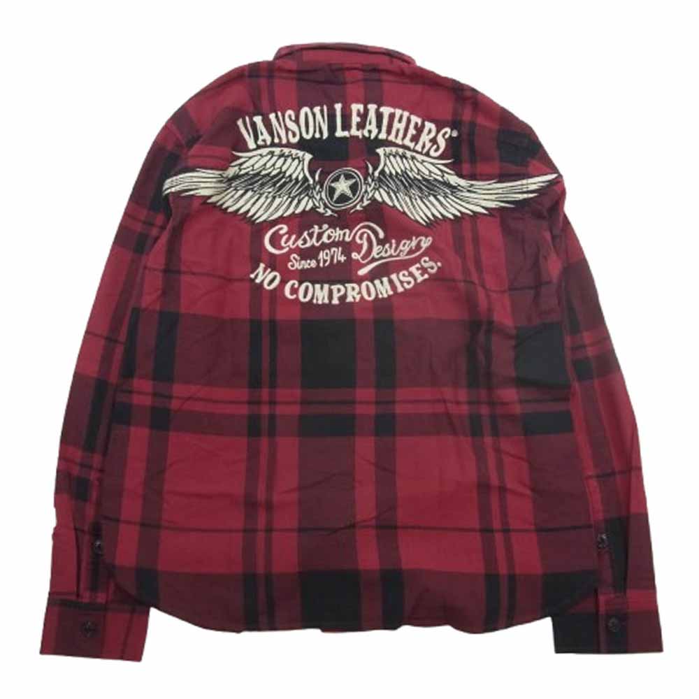 VANSON バンソン ロゴ刺繍 チェック シャツ レッド系 L【中古】