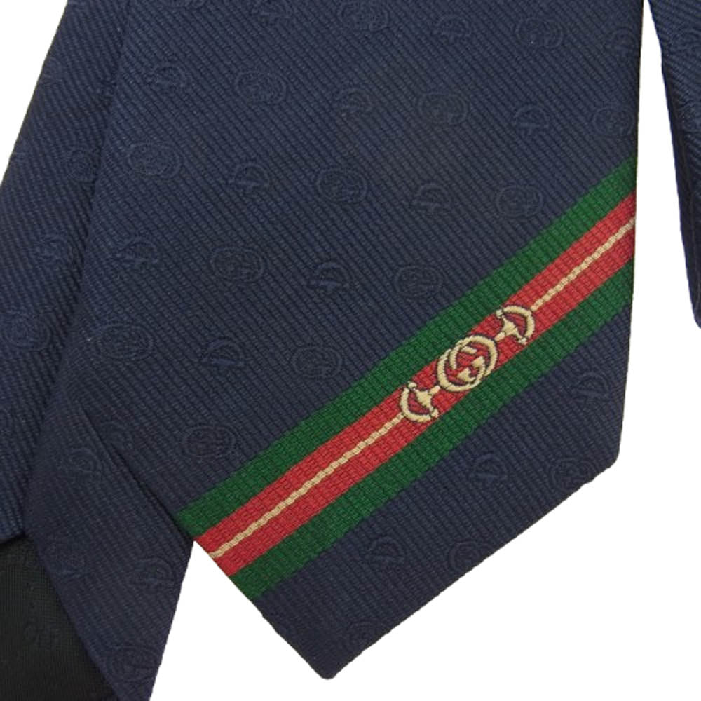 GUCCI グッチ 624057 4E002 ダブルG ＆ホースビット GG柄 ネクタイ ネイビー系【新古品】【未使用】【中古】