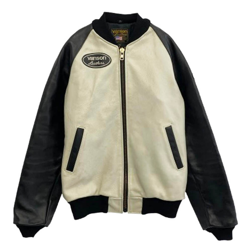VANSON バンソン TJV 38 LEATHER JACKET ワッペン レザー ジャケット ブラック系 グレー系 38【中古】