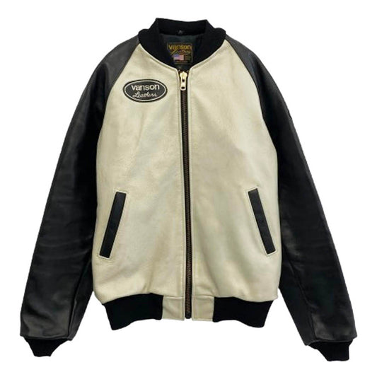 VANSON バンソン TJV 38 LEATHER JACKET ワッペン レザー ジャケット ブラック系 グレー系 38【中古】
