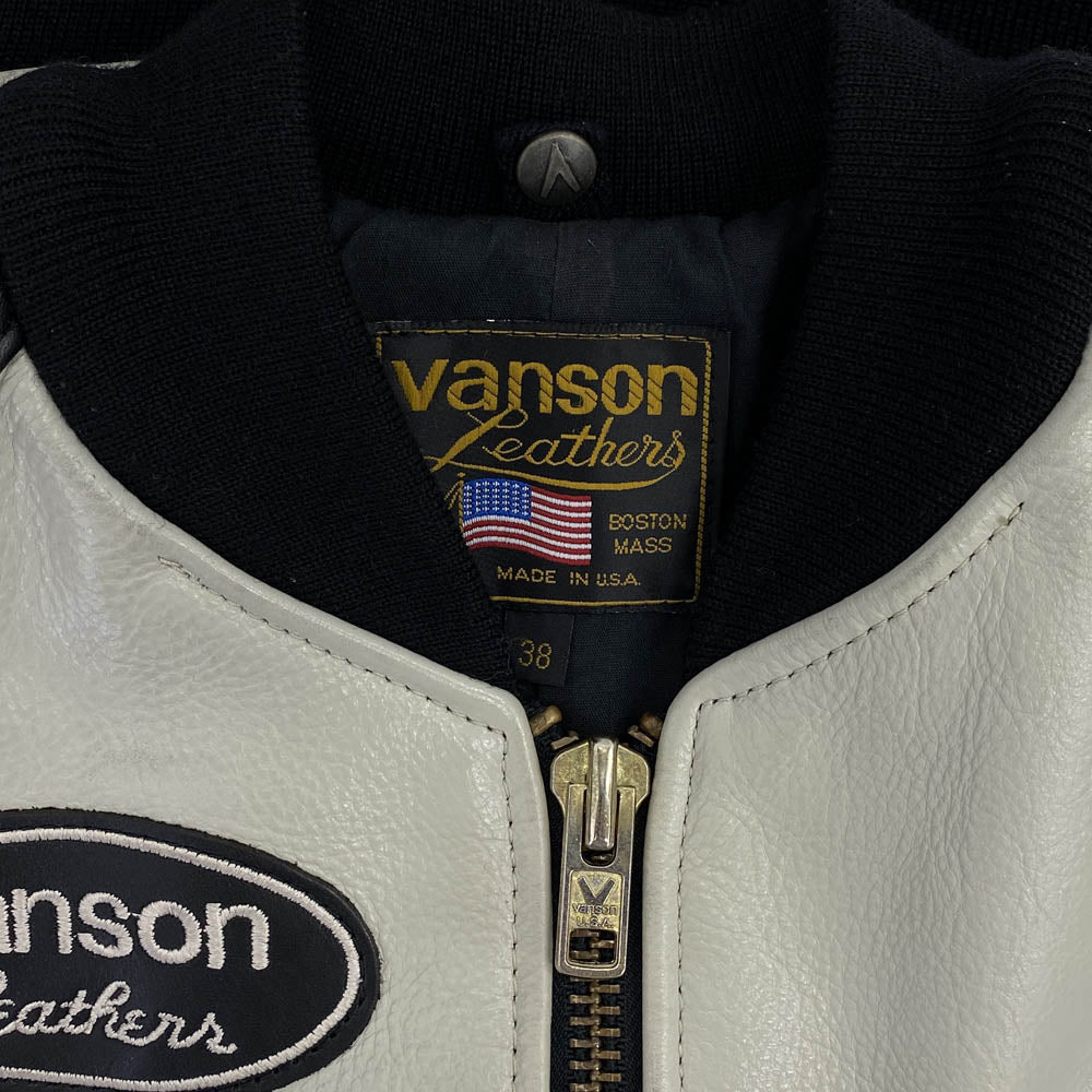 VANSON バンソン TJV 38 LEATHER JACKET ワッペン レザー ジャケット ブラック系 グレー系 38【中古】