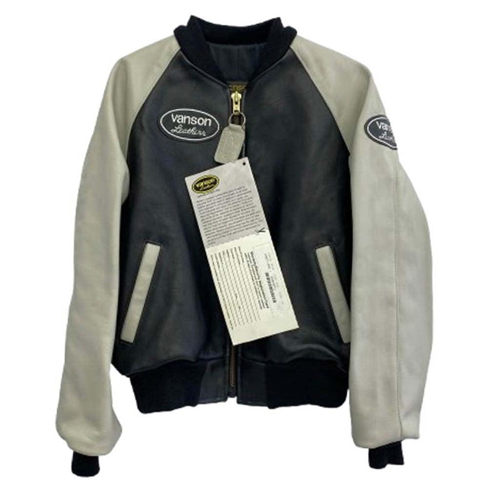 VANSON バンソン 9TJV x BACKDROP LEATHER JACKET ワッペン レザー ジャケット ブラック系 グレー系 38【極上美品】【中古】