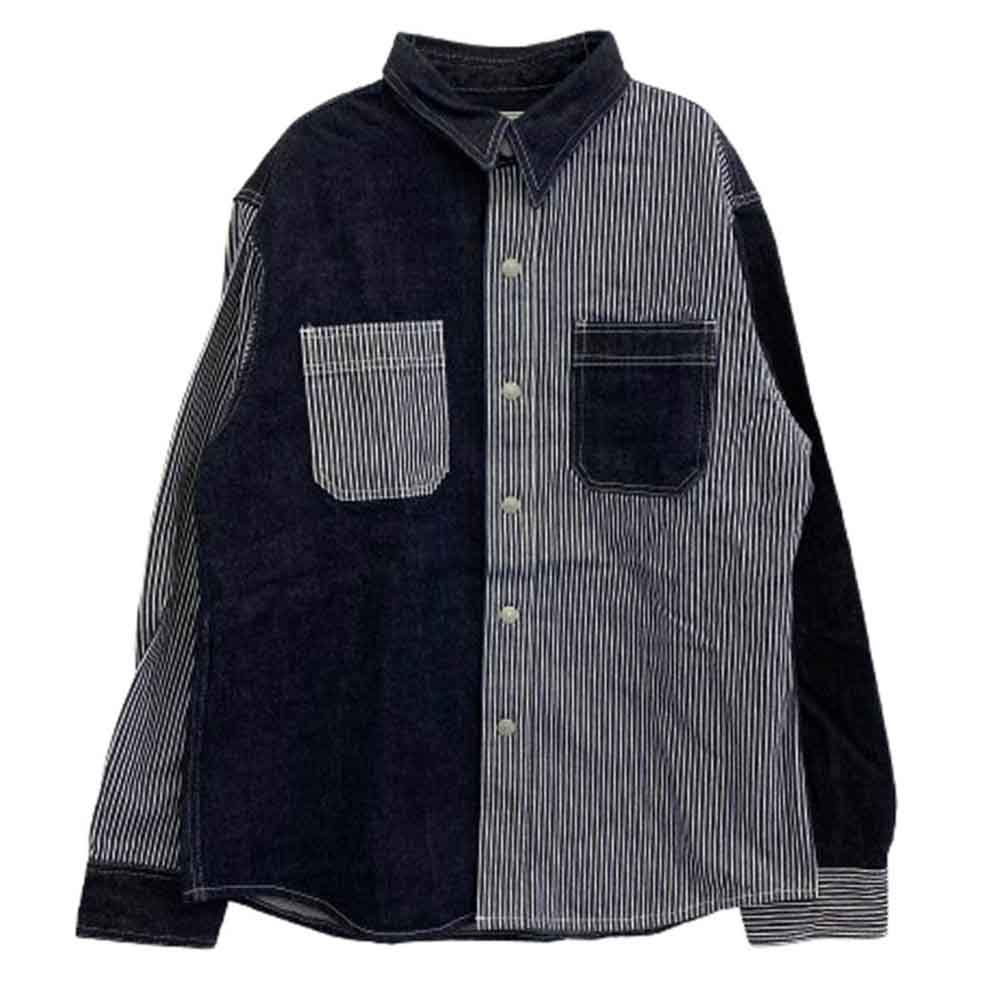 KOJIMA GENES 児島ジーンズ マルチ コンボ ワーク シャツ デニム ヒッコリー ストライプ ダークネイビー系 L【美品】【中古】