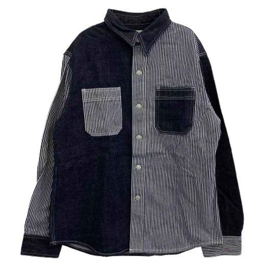 KOJIMA GENES 児島ジーンズ マルチ コンボ ワーク シャツ デニム ヒッコリー ストライプ ダークネイビー系 L【美品】【中古】