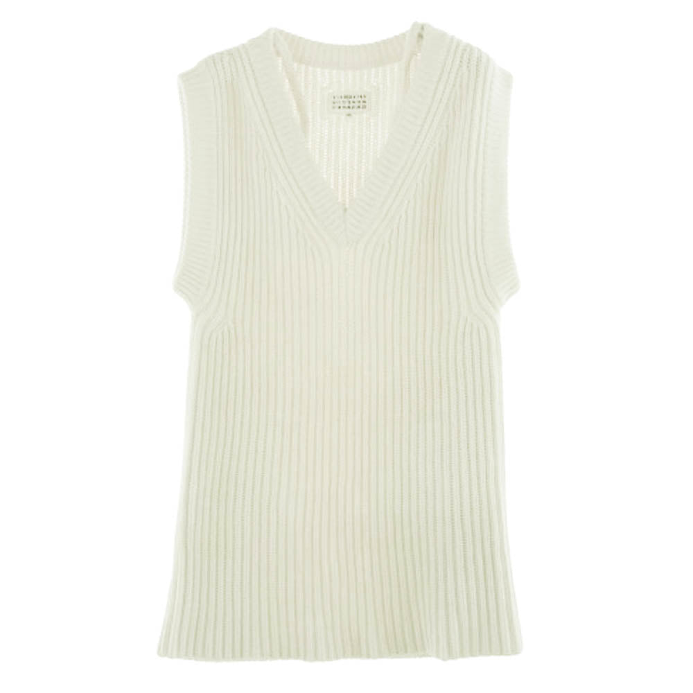MAISON MARGIELA メゾンマルジェラ 19SS S51GP0103 四つタグ 4ライン Vネック ノースリーブ ニット ワンピース ホワイト系 S【中古】