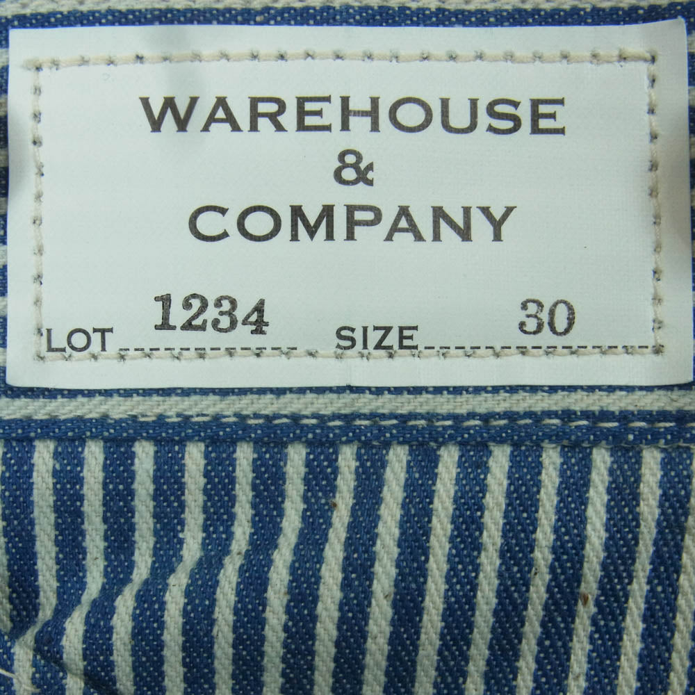 WAREHOUSE ウエアハウス Lot 1234 1920s FREE LAND WAIST OVERALL ヒッコリー ストライプ ワーク パンツ インディゴブルー系 ホワイト系 30【新古品】【未使用】【中古】