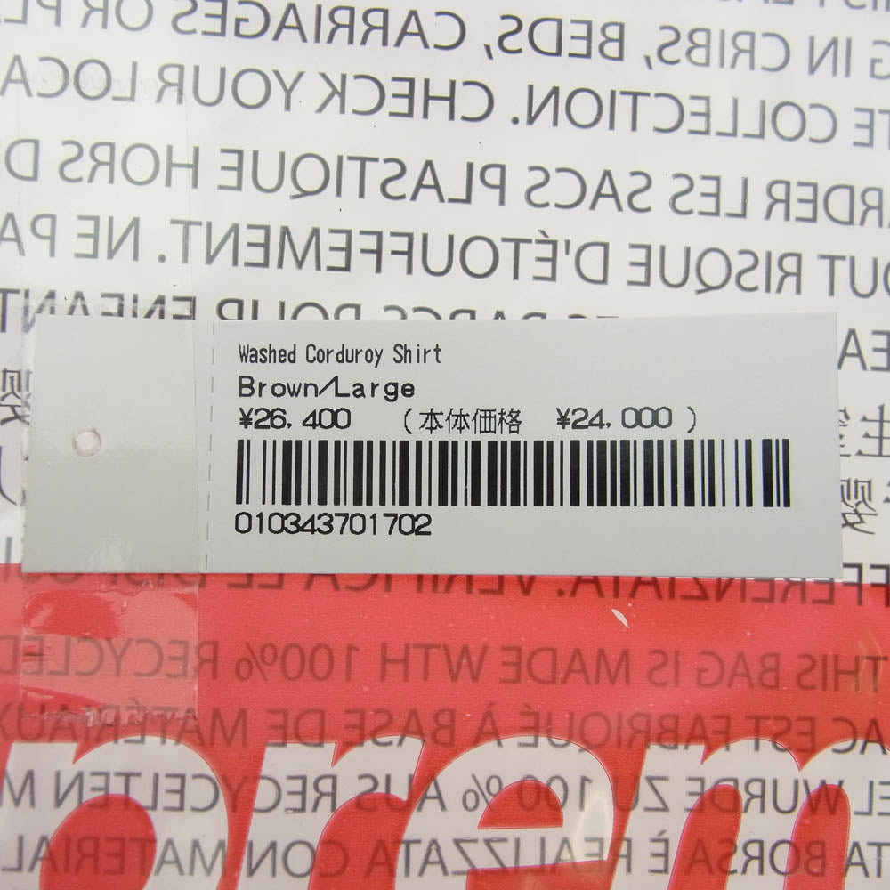 Supreme シュプリーム 25SS Washed Corduroy Shirt ウォッシュド コーデュロイ 長袖 シャツ ブラウン系 L【極上美品】【中古】