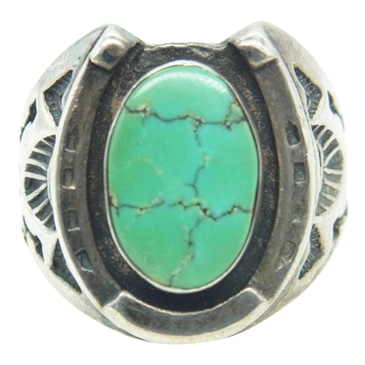 ナバホ族 アーティスト不明 ターコイズ ホースシュー スタンプワーク リング シルバー系 約20号【中古】