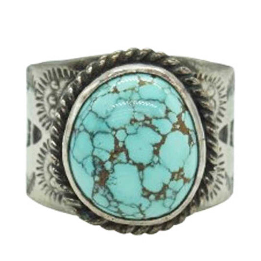 ナバホ族 Arnold Goodluck アーノルドグッドラック ターコイズ スタンプワーク リング シルバー系 約16.5号【中古】
