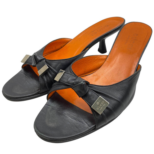 GUCCI グッチ リボンデザイン オープントゥ ヒール サンダル ブラック系【中古】