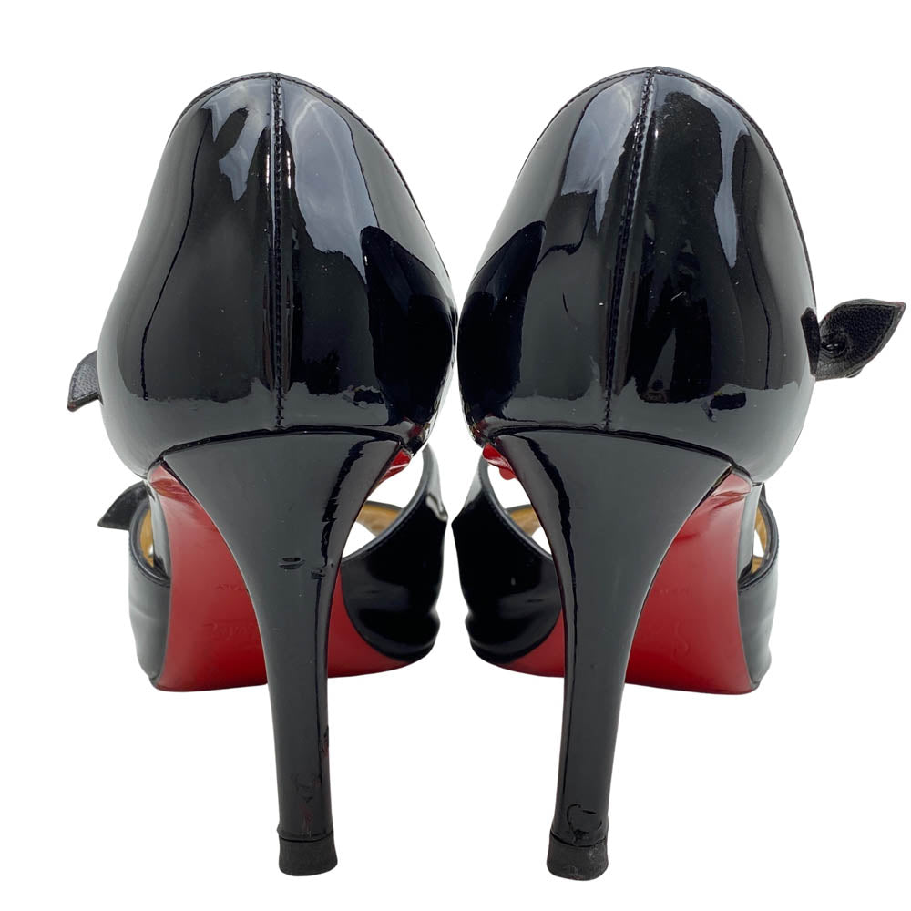 Christian Louboutin クリスチャンルブタン パテントレザー オープントゥ クロスストラップ ハイヒール パンプス ブラック系 37【中古】