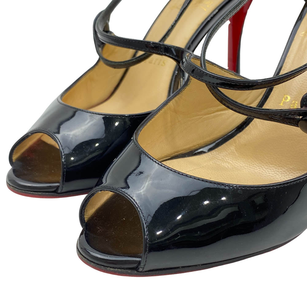 Christian Louboutin クリスチャンルブタン パテントレザー オープントゥ クロスストラップ ハイヒール パンプス ブラック系 37【中古】