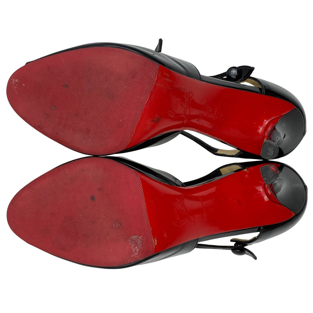 Christian Louboutin クリスチャンルブタン パテントレザー オープントゥ クロスストラップ ハイヒール パンプス ブラック系 37【中古】