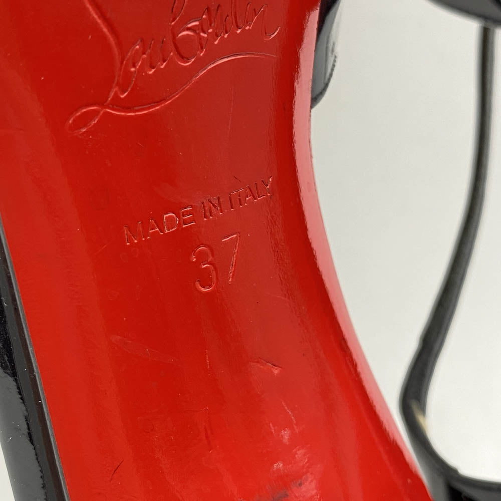 Christian Louboutin クリスチャンルブタン パテントレザー オープントゥ クロスストラップ ハイヒール パンプス ブラック系 37【中古】