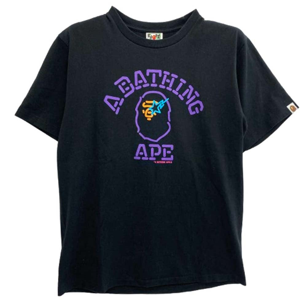 A BATHING APE アベイシングエイプ 001TEG301078X ネオン カレッジ ロゴ プリント カットソー 半袖 Tシャツ ブラック Lサイズ ブラック系 L【中古】