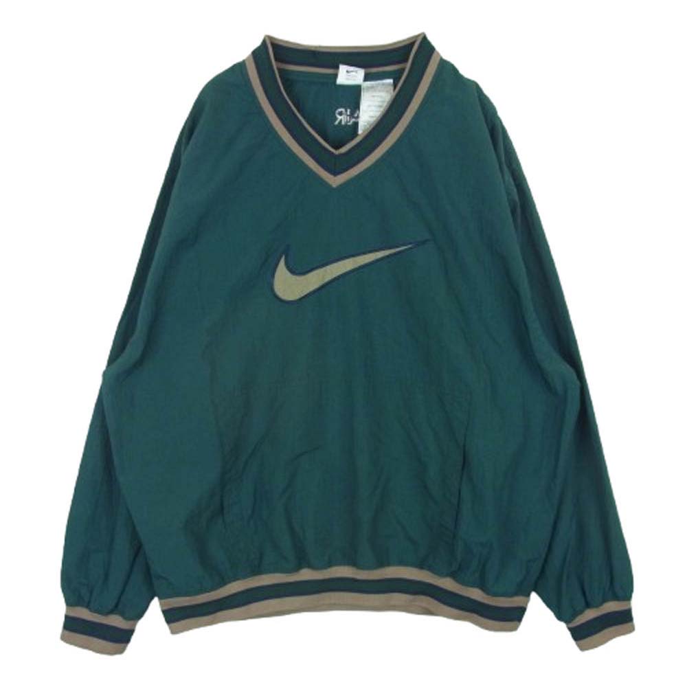 NIKE ナイキ 90s 銀タグ BIG Swoosh ビッグ スウィッシュ ロゴ Vネック ナイロン ジャケット タイ製 グリーン系 XL【中古】