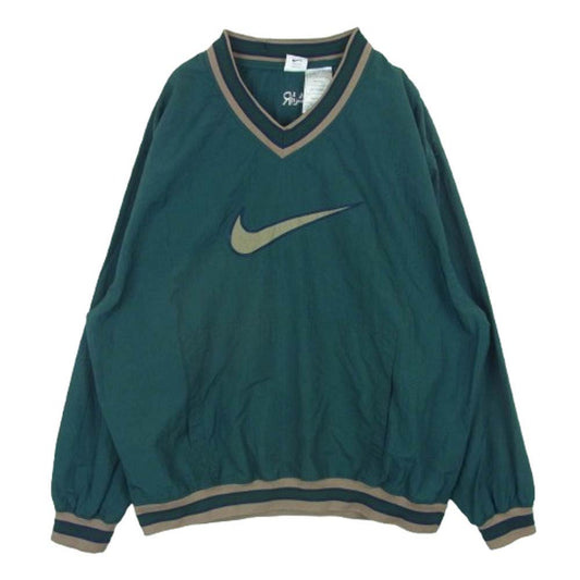NIKE ナイキ 90s 銀タグ BIG Swoosh ビッグ スウィッシュ ロゴ Vネック ナイロン ジャケット タイ製 グリーン系 XL【中古】