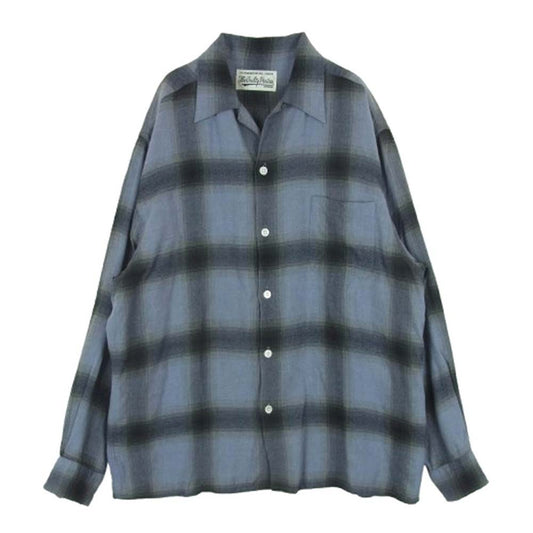 WACKO MARIA ワコマリア OMBRE CHECK OPEN COLLAR SHIRT オンブレ チェック 長袖 シャツ レーヨン 日本製 ブルー系 M【中古】