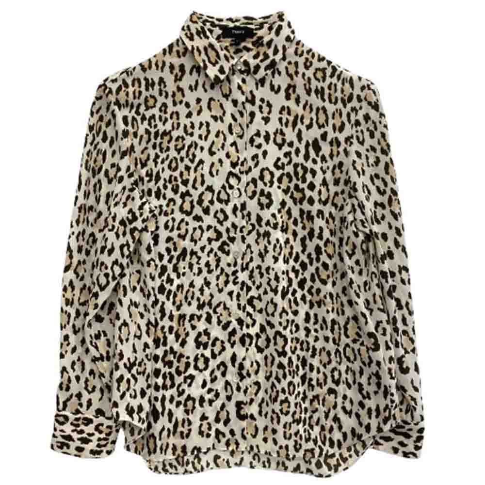 theory セオリー レオパード柄 総柄 スタンダードカラー 長袖 シャツ ブラウス ブラウン系 S【中古】