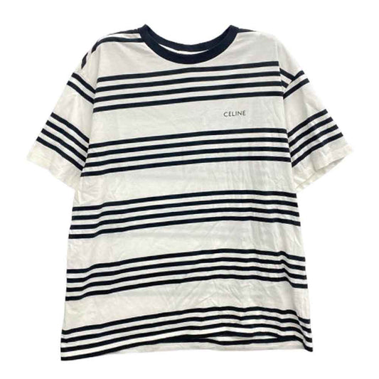 CELINE セリーヌ 2X85M800M ロゴプリント ボーダー 半袖 Tシャツ カットソー ホワイト系 XL【中古】