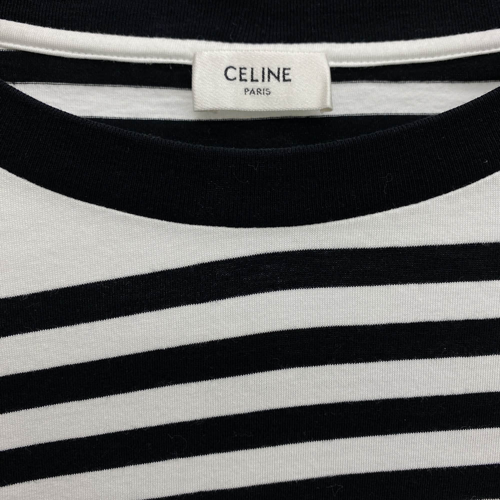 CELINE セリーヌ 2X85M800M ロゴプリント ボーダー 半袖 Tシャツ カットソー ホワイト系 XL【中古】