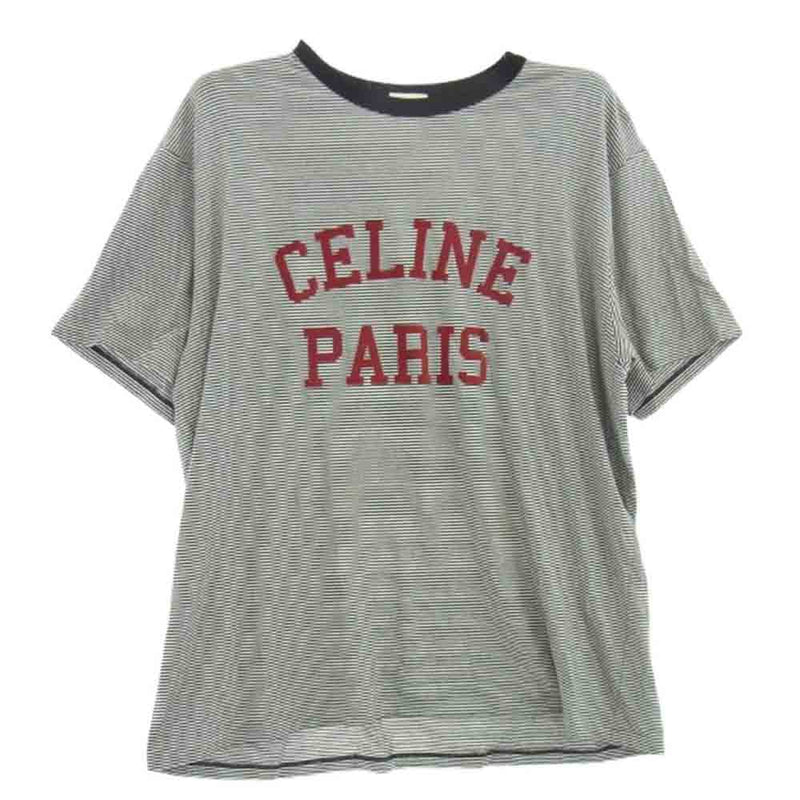 CELINE セリーヌ 2X45M878Y CELINE PARIS ロゴ ボーダー 半袖 Tシャツ カットソー ブラック系 ホワイト系 XL【中古】