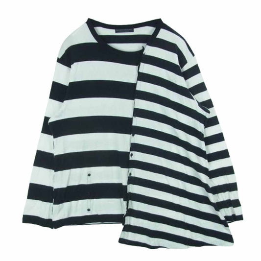 Yohji Yamamoto POUR HOMME ヨウジヤマモトプールオム HR-T52-071 フロントボタン 変形 ボーダー切替 アシンメトリー 長袖 Ｔシャツ ブラック系 ホワイト系 3【中古】