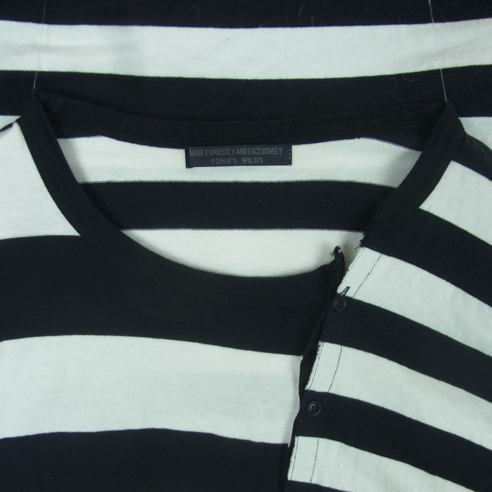 Yohji Yamamoto POUR HOMME ヨウジヤマモトプールオム HR-T52-071 フロントボタン 変形 ボーダー切替 アシンメトリー 長袖 Ｔシャツ ブラック系 ホワイト系 3【中古】