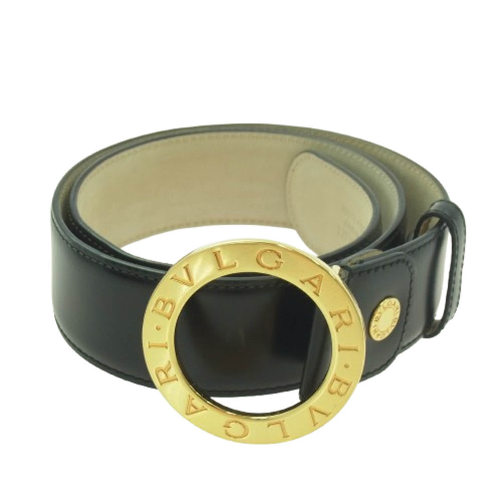 BVLGARI ブルガリ 26107 ラウンドロゴ ロゴバックル レザー ベルト ブラック系 カットされている為サイズ不明【中古】