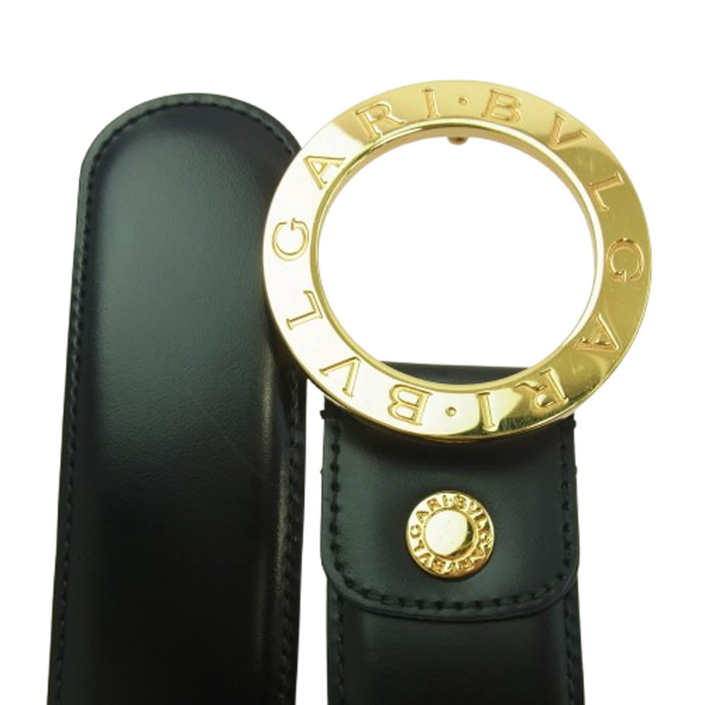 BVLGARI ブルガリ 26107 ラウンドロゴ ロゴバックル レザー ベルト ブラック系 カットされている為サイズ不明【中古】
