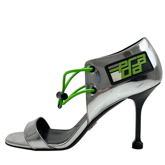 PRADA プラダ シルバー メタリック ヒール サンダル 牛革 シルバー系 36【中古】