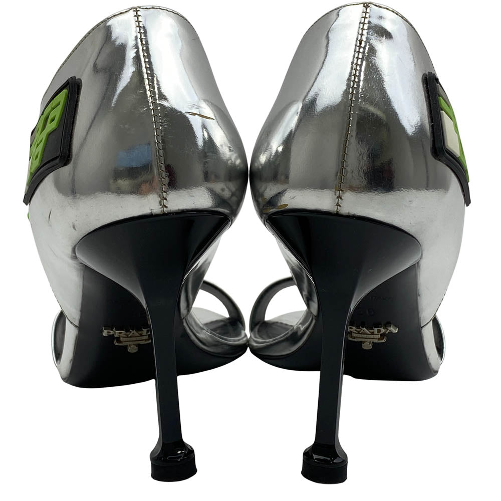 PRADA プラダ シルバー メタリック ヒール サンダル 牛革 シルバー系 36【中古】