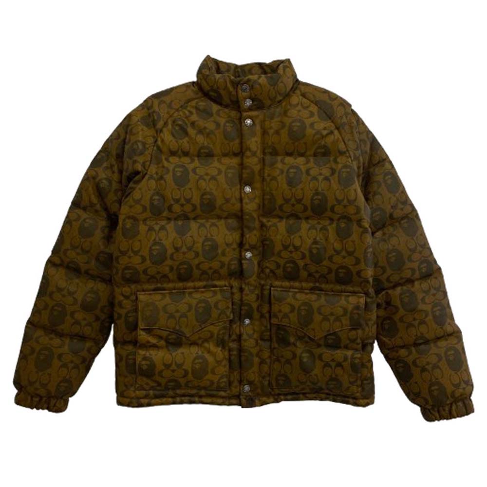 A BATHING APE アベイシングエイプ 001HJG231902X COACH コーチ LEATHER DOWN JACKET Wネーム シープスキン レザー ダウンジャケット ブラウン系 L【美品】【中古】