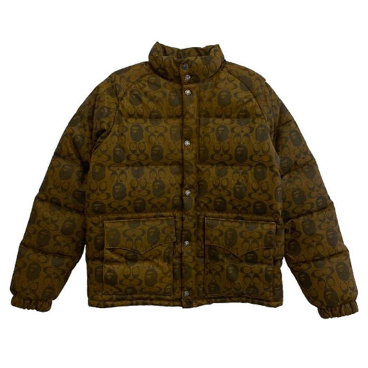A BATHING APE アベイシングエイプ 001HJG231902X COACH コーチ LEATHER DOWN JACKET Wネーム シープスキン レザー ダウンジャケット ブラウン系 L【美品】【中古】