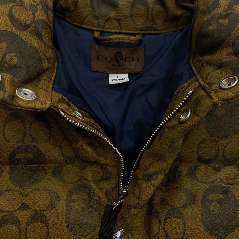 A BATHING APE アベイシングエイプ 001HJG231902X COACH コーチ LEATHER DOWN JACKET Wネーム シープスキン レザー ダウンジャケット ブラウン系 L【美品】【中古】