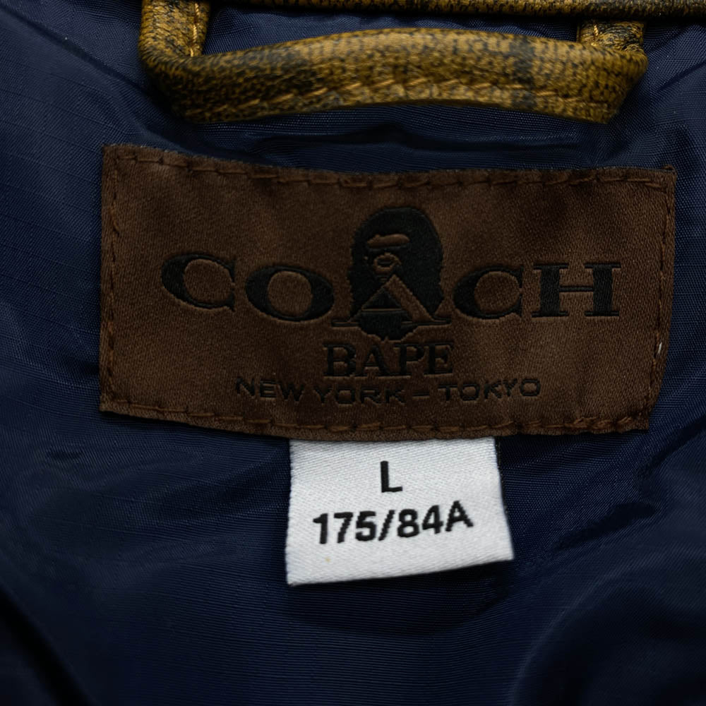 A BATHING APE アベイシングエイプ 001HJG231902X COACH コーチ LEATHER DOWN JACKET Wネーム シープスキン レザー ダウンジャケット ブラウン系 L【美品】【中古】