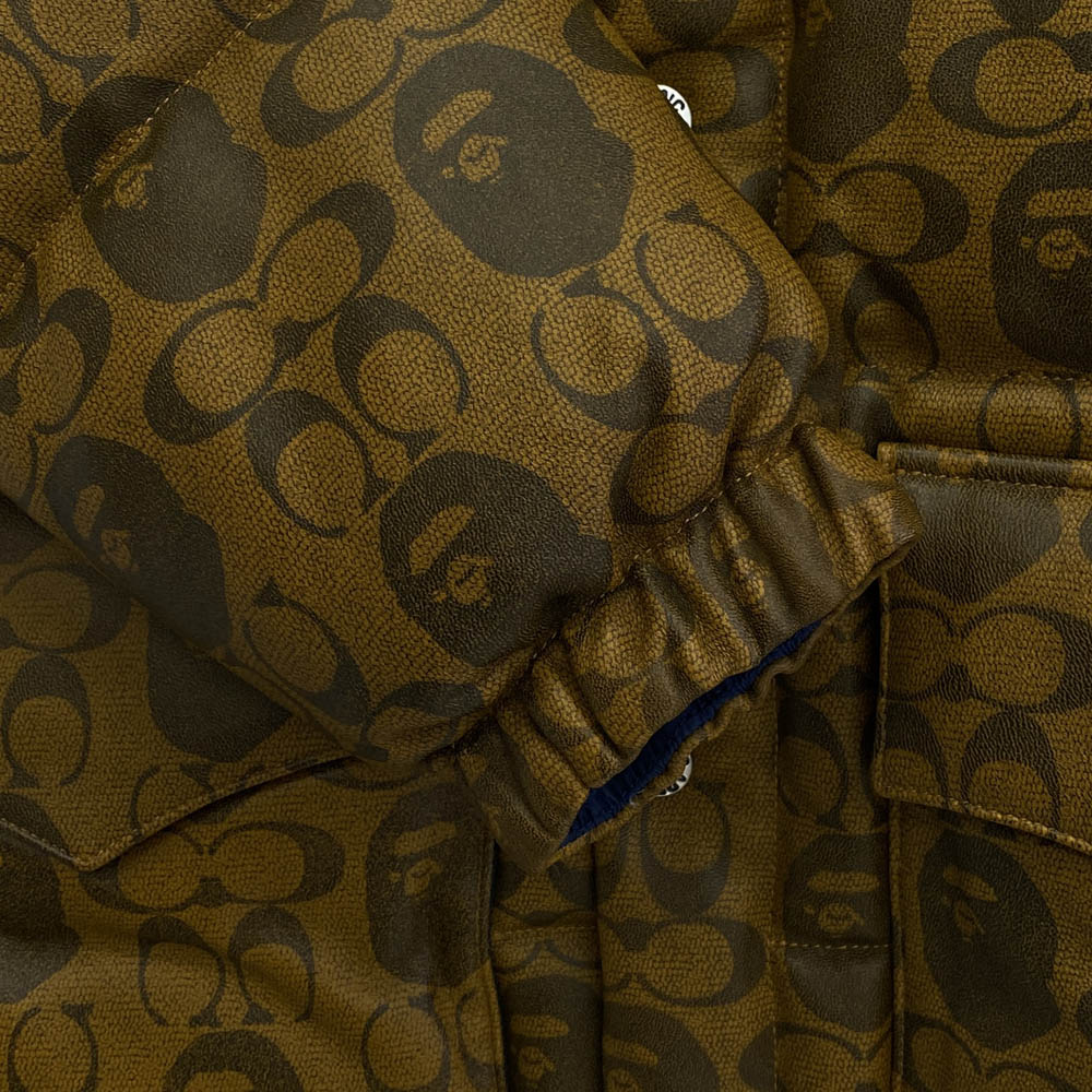 A BATHING APE アベイシングエイプ 001HJG231902X COACH コーチ LEATHER DOWN JACKET Wネーム シープスキン レザー ダウンジャケット ブラウン系 L【美品】【中古】